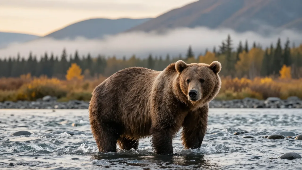 Large brown bear standing beside a salmon river in autumn