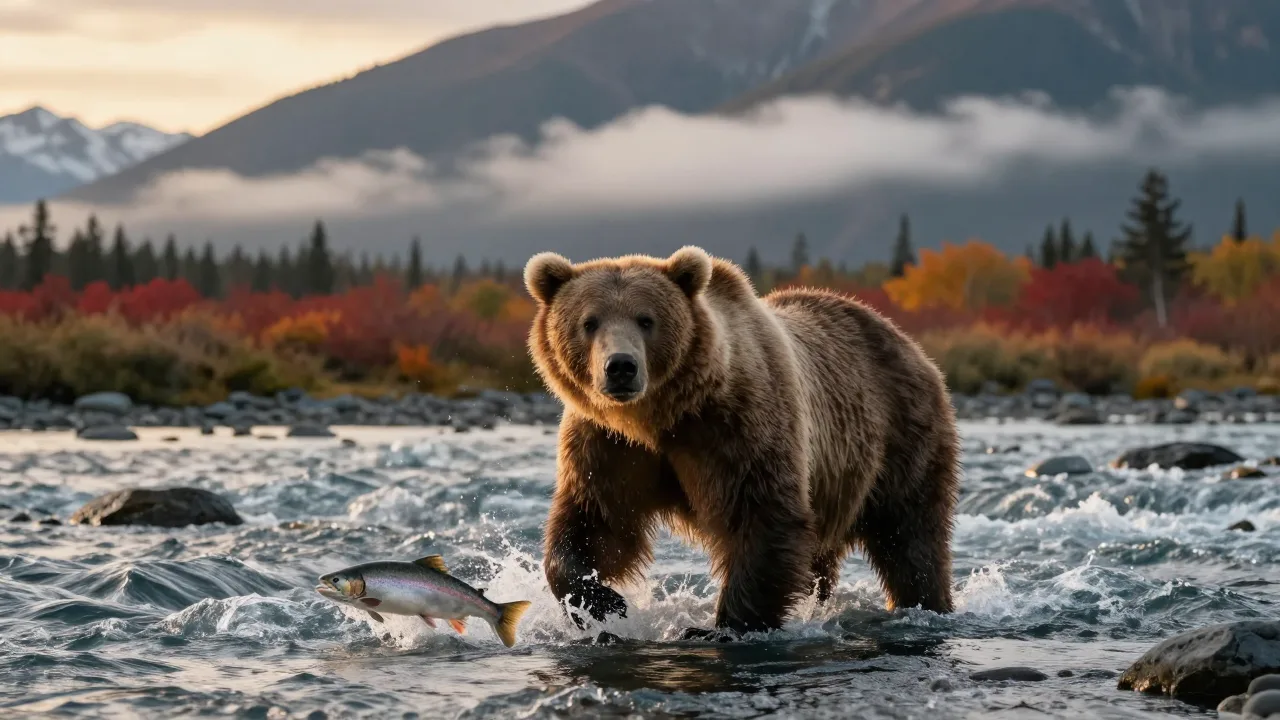 Large brown bear standing in a river during autumn