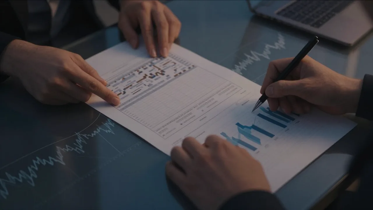 Abstract financial analysis desk with charts and credit score notes