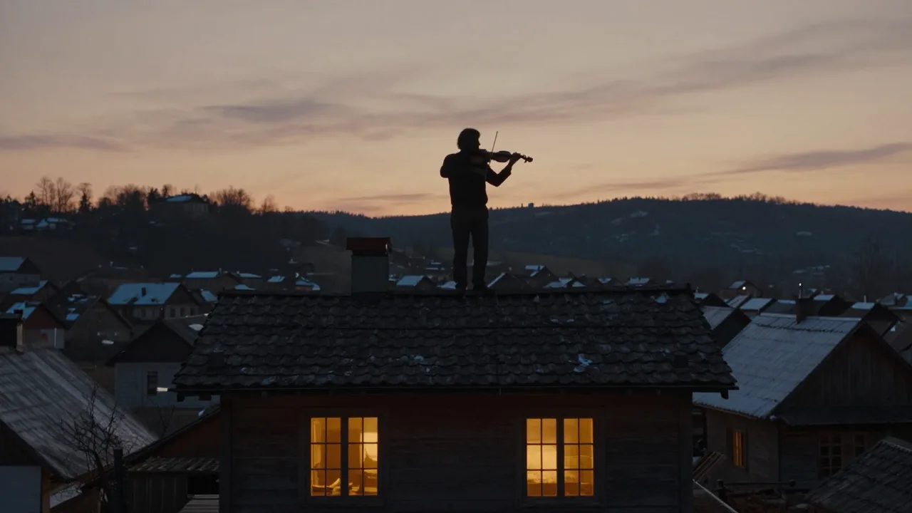 A lone fiddler silhouette on a village rooftop at dusk