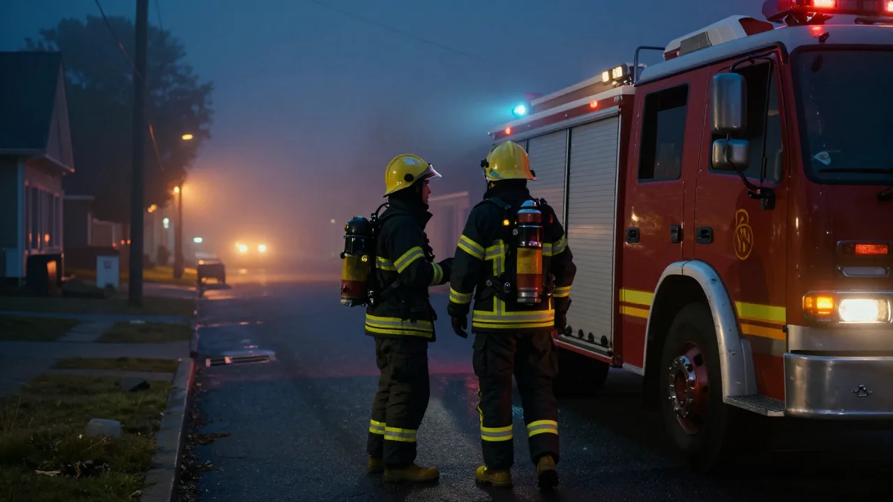 Firefighters facing a smoke-filled street at night
