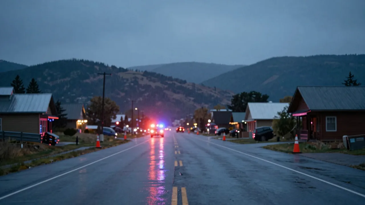 Wet Colorado road at dusk with blurred emergency lights reflecting on the asphalt
