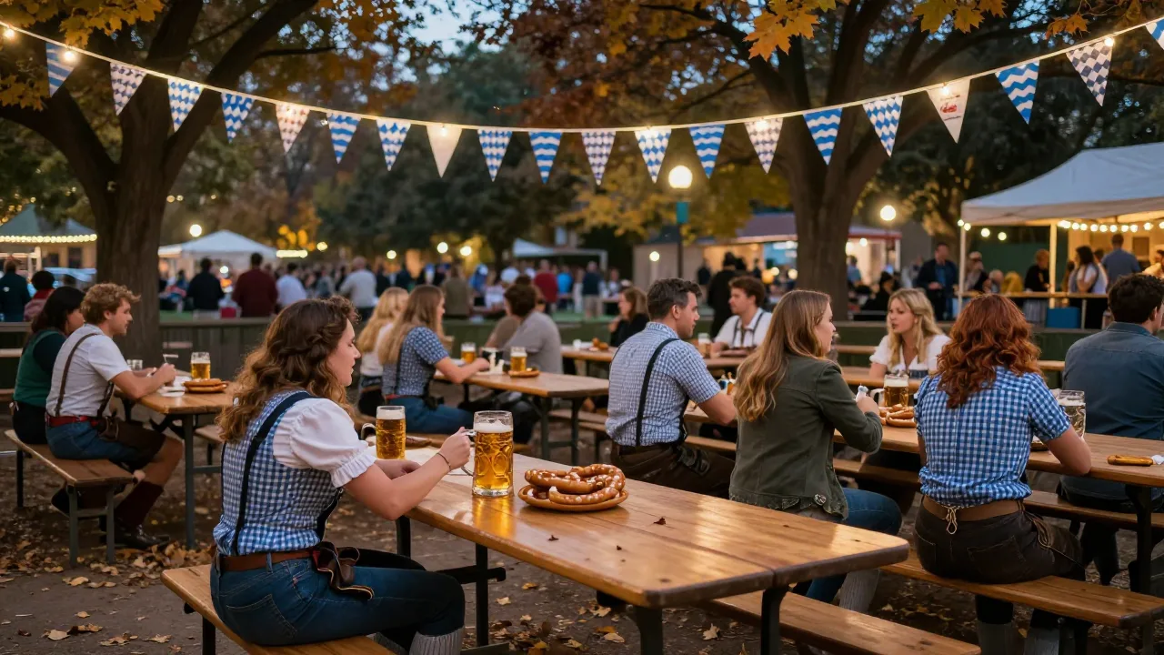 Festive Oktoberfest tables beneath lights in a park