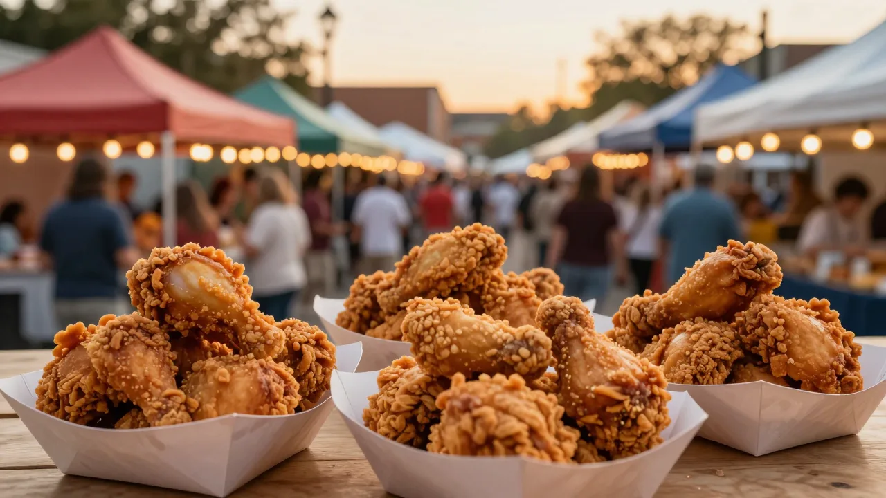 Golden fried chicken served at an outdoor food festival