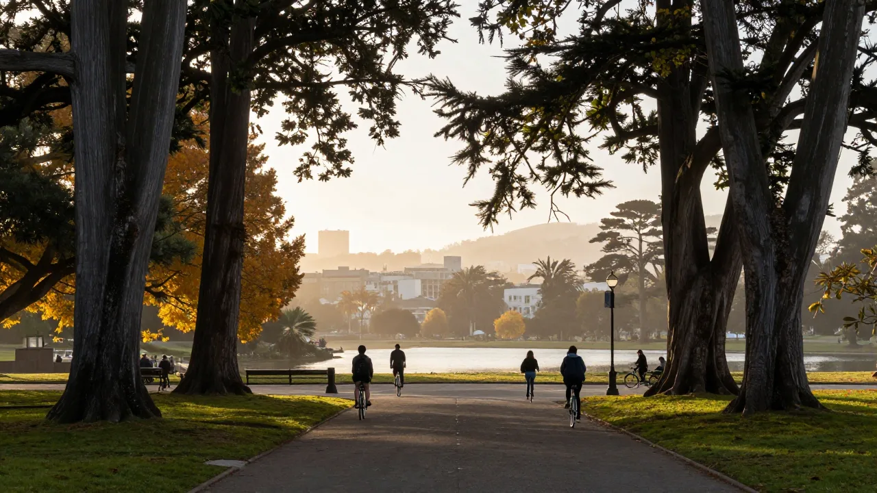 Sunlit path through Golden Gate Park with tall trees and bicycles
