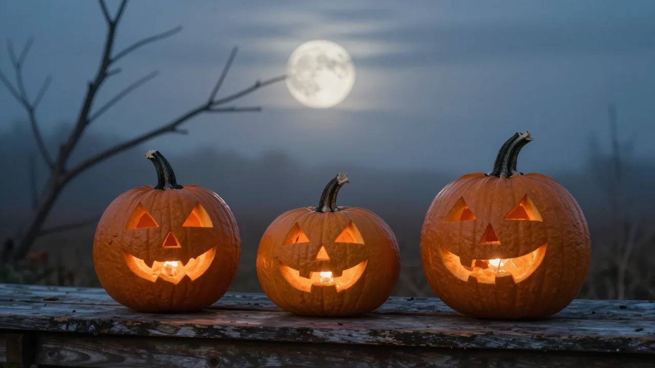 Moody Halloween backdrop with carved pumpkins, fog and bare branches under moonlight