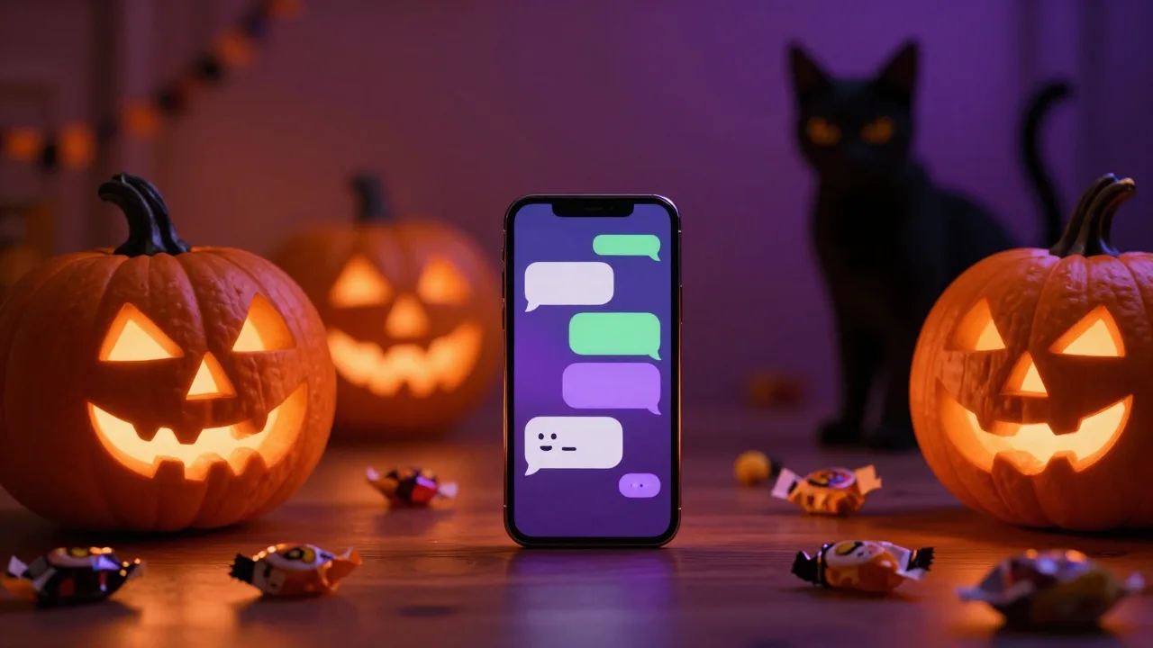 A playful Halloween scene with pumpkins, candy and a glowing phone