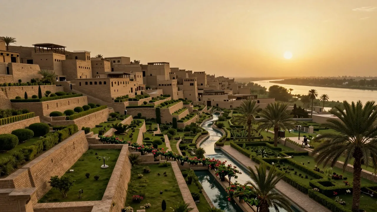 Terraced ancient garden above a Mesopotamian city at sunset