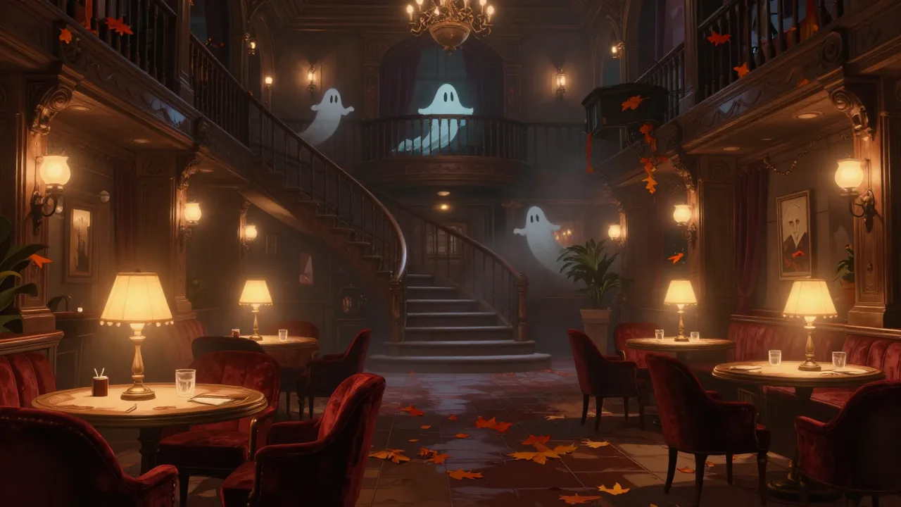An eerie old hotel lobby lit by lamps and moonlight