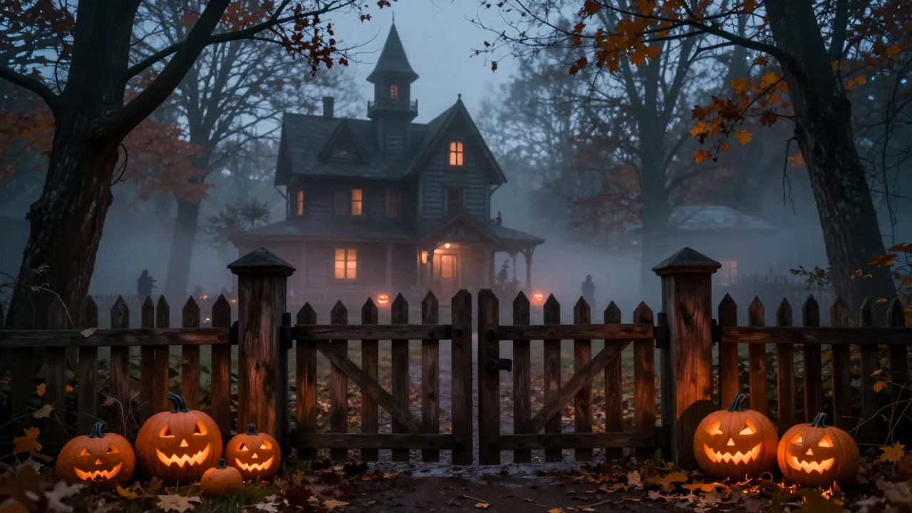 A foggy haunted house entrance lit by pumpkins at night