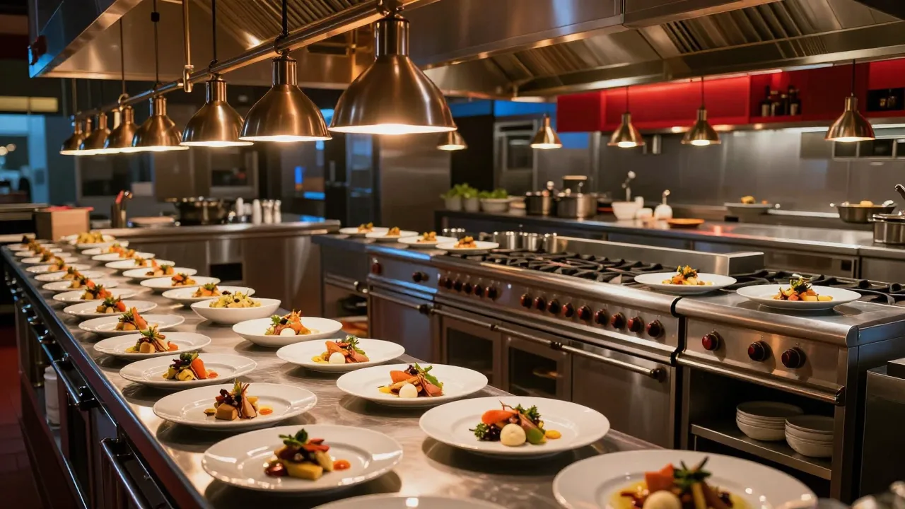 A dramatic professional kitchen prepared for a televised cooking contest