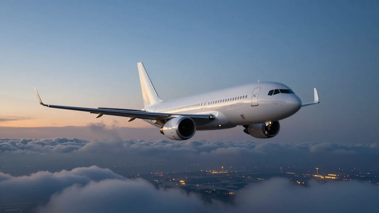 Commercial airplane flying through a dramatic evening sky