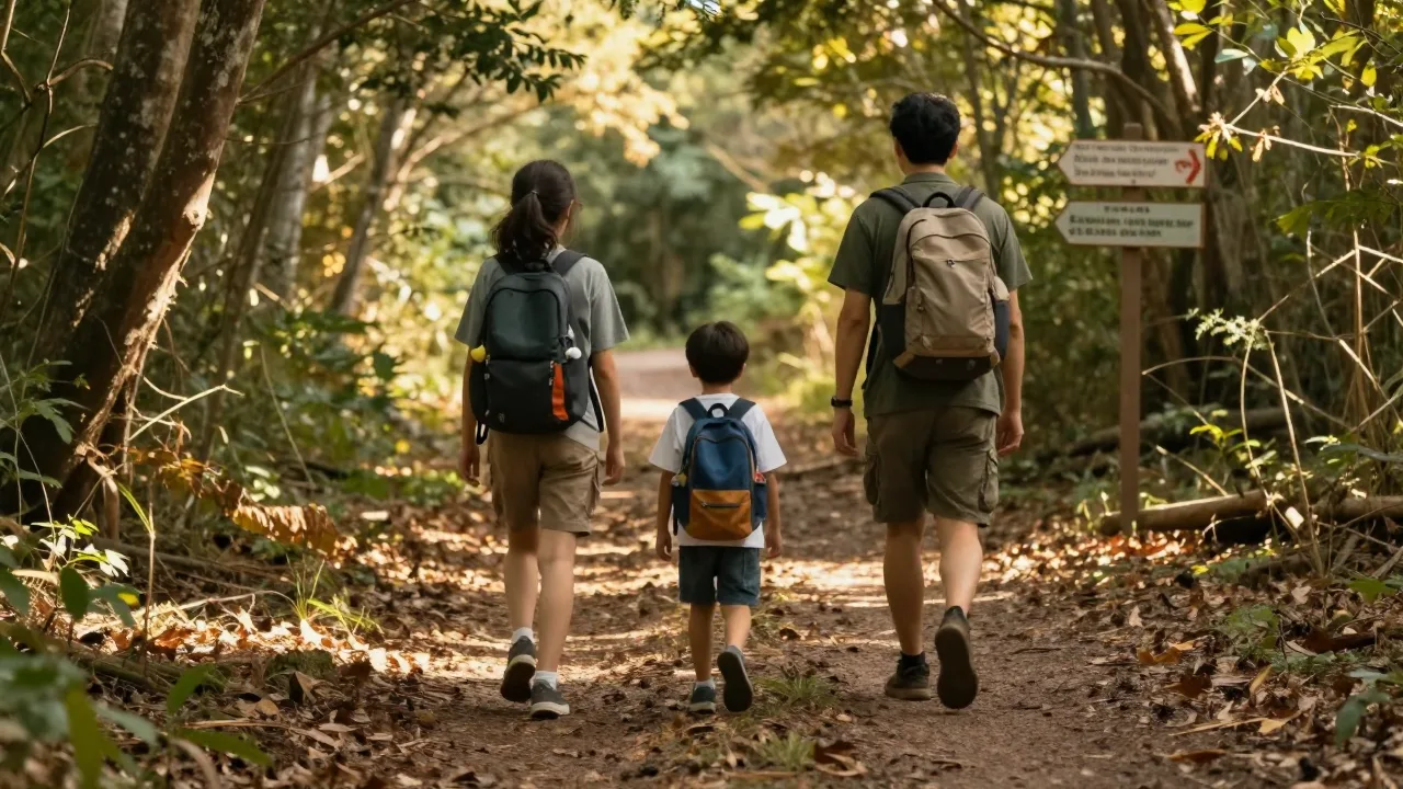 Family hiking on a sunny woodland trail
