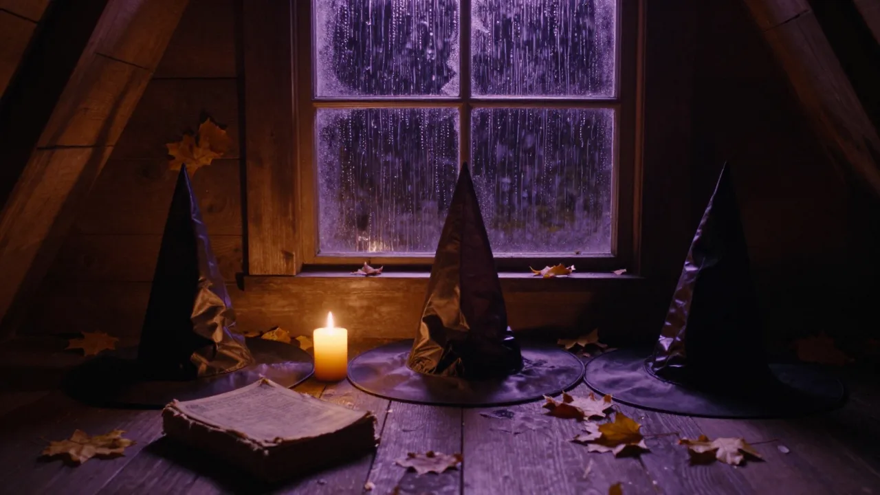 Candlelit Halloween scene with three witch hats