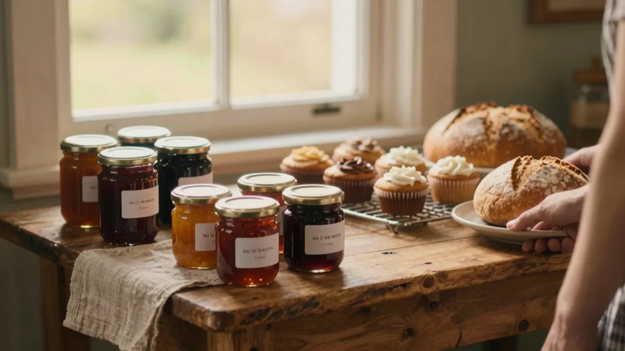 Rustic wooden table with trays of homemade cakes, jars and bread in warm morning light