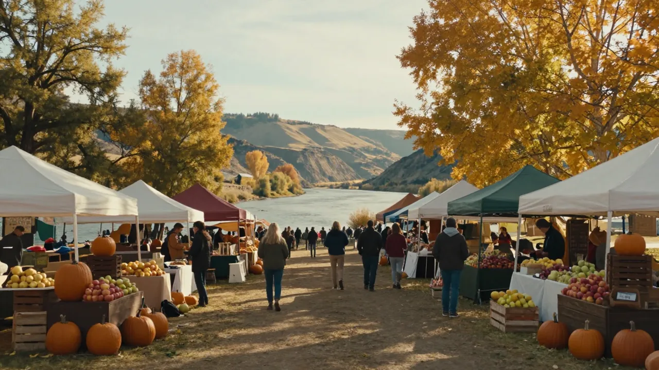 Autumn harvest market tents beside the Columbia River Gorge