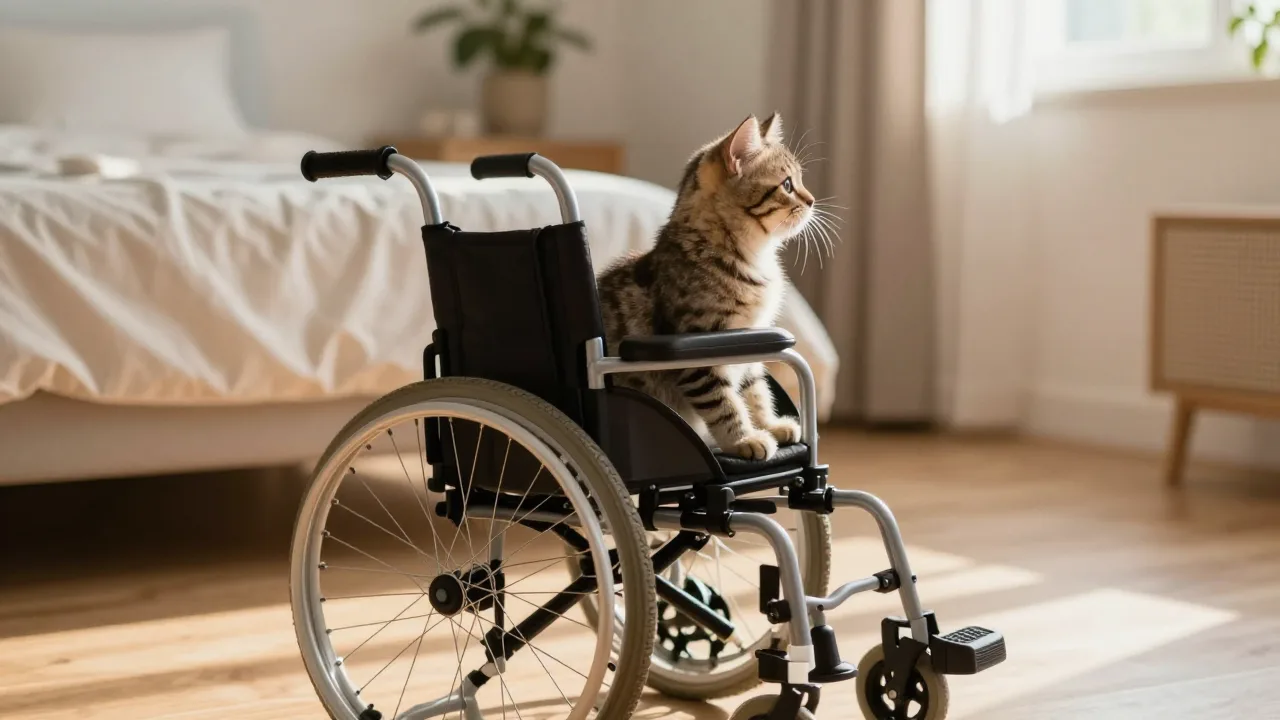 Small kitten in a custom wheelchair beside a sunny window