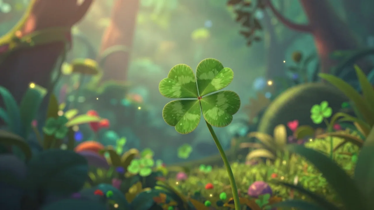 A whimsical clover in a colorful fantasy jungle