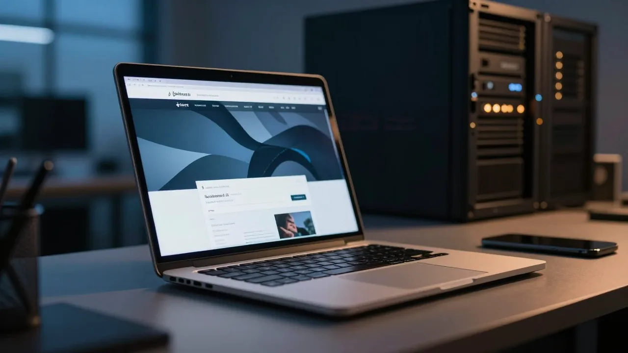 Laptop beside a server rack in a softly lit workspace