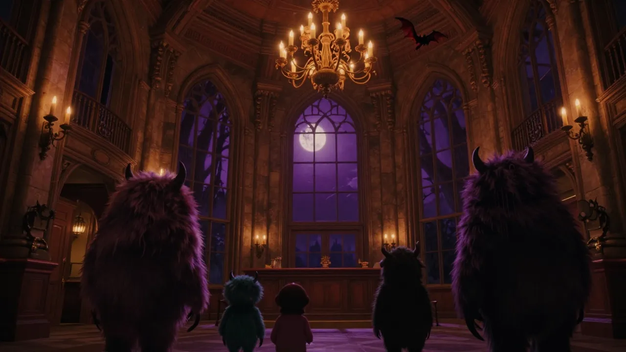 Animated gothic hotel lobby with friendly monster silhouettes