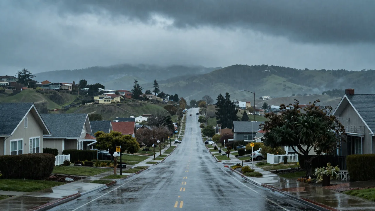 Rainstorm approaching a California hillside neighborhood