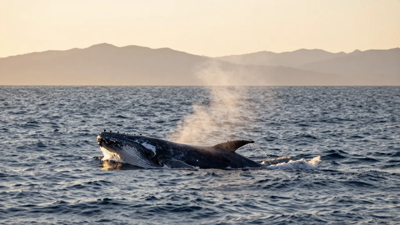 Humpback whale surfacing in blue ocean water