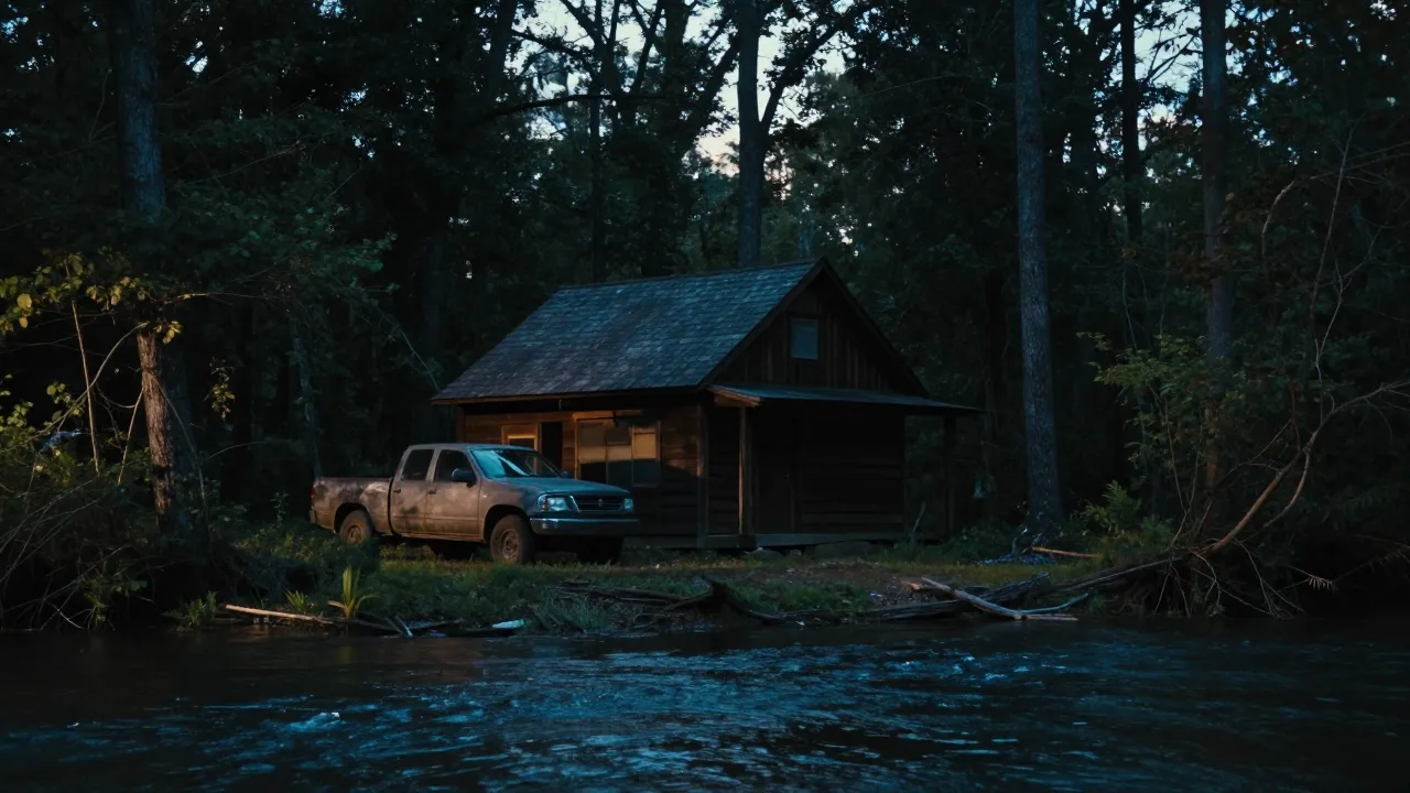 A remote cabin in dark woods at dusk