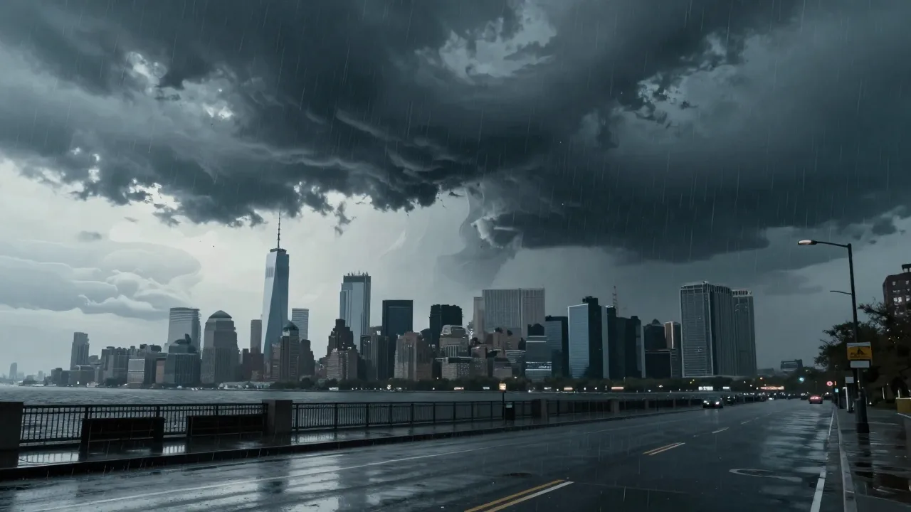 Storm clouds gathering over the New York waterfront