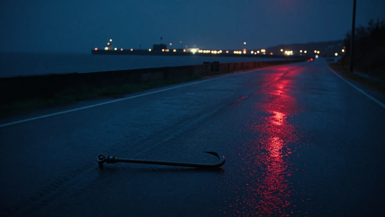 A rain-soaked coastal road at night with a fishing hook silhouette