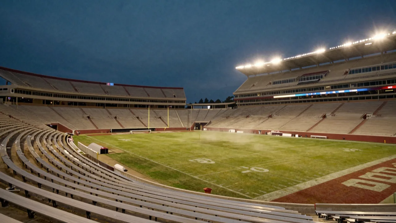 Empty college football stadium in cream and crimson colors at dusk before a game