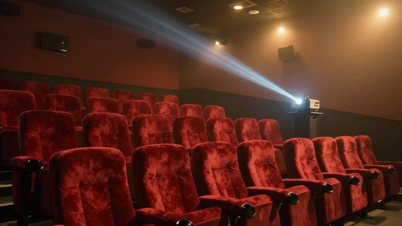 Cinematic cinema aisle with a glowing projector beam and empty red seats