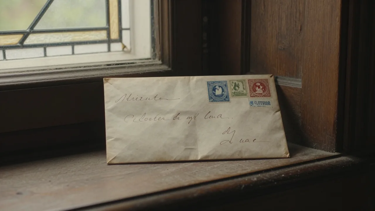 A sealed antique letter on a dusty wooden ledge in a historic home