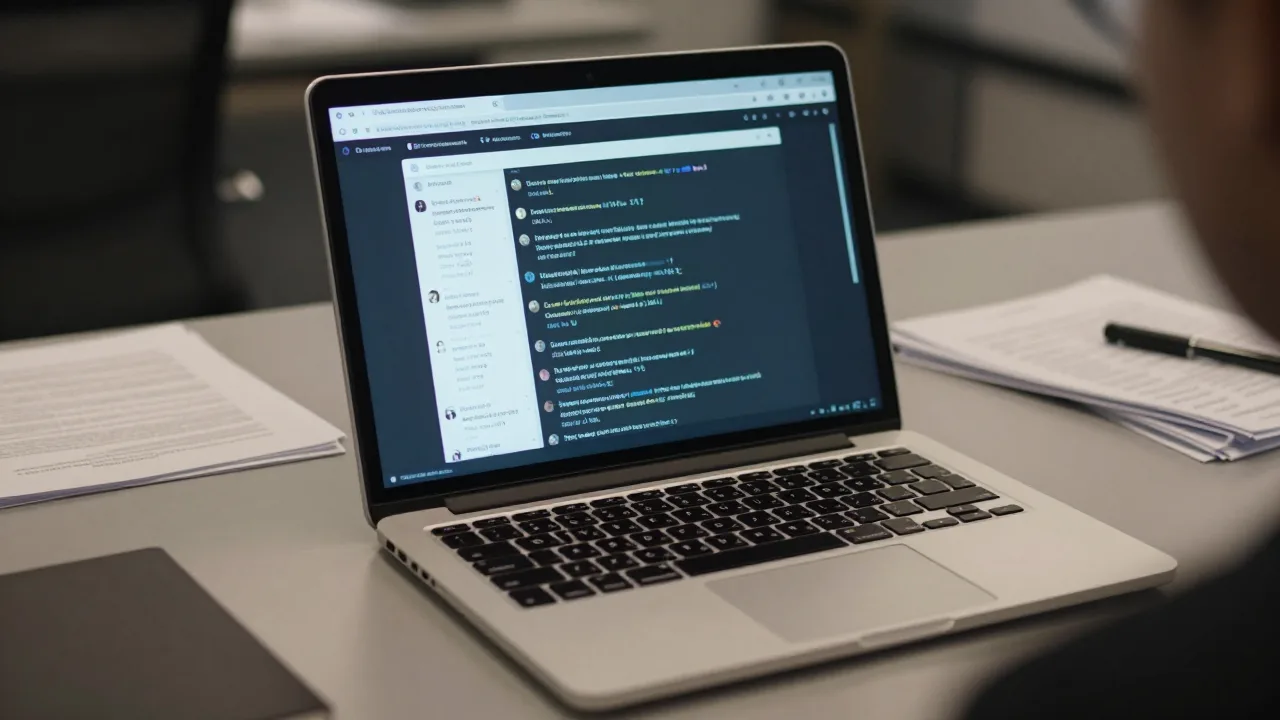 A laptop showing a fast-moving online discussion in a dark newsroom