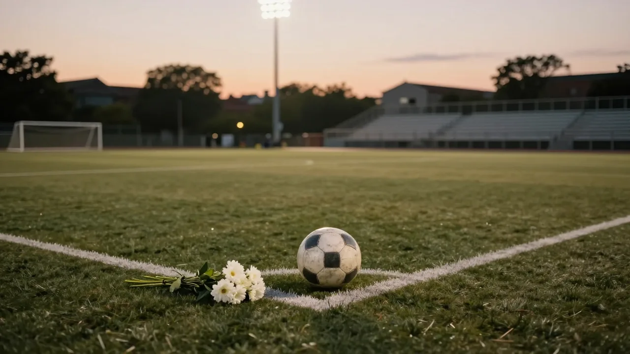 Empty soccer pitch at dusk with a single ball and flowers laid along the touchline