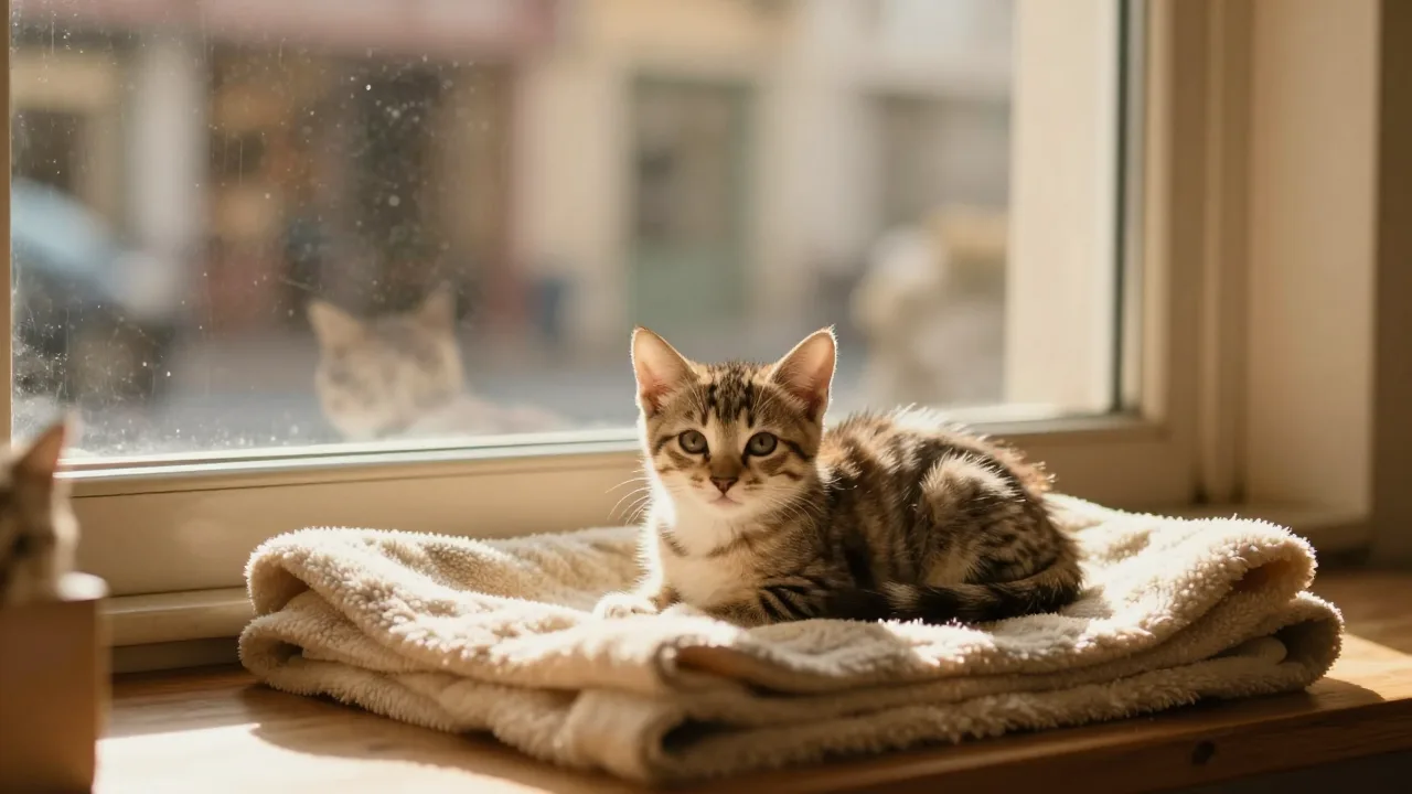 A small kitten resting safely beside a warm blanket