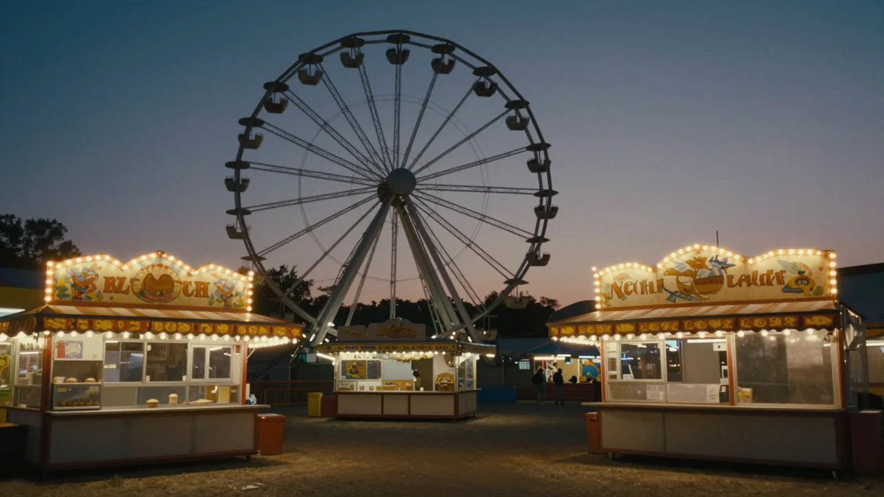 Ferris wheel and fairground stalls glowing at dusk with no visible faces or brand signs