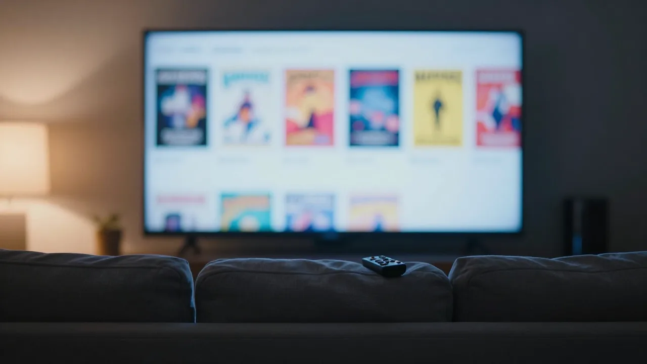 Dark living room at night with a glowing television showing a blurred row of poster thumbnails