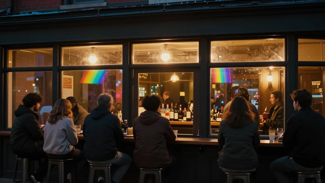 Warmly lit queer-friendly bar interior in Western Massachusetts