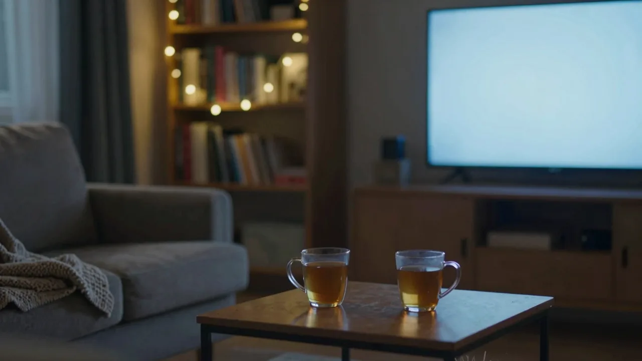 Empty sofa in a warm lamplit living room with a paused television glow and two mugs on the table