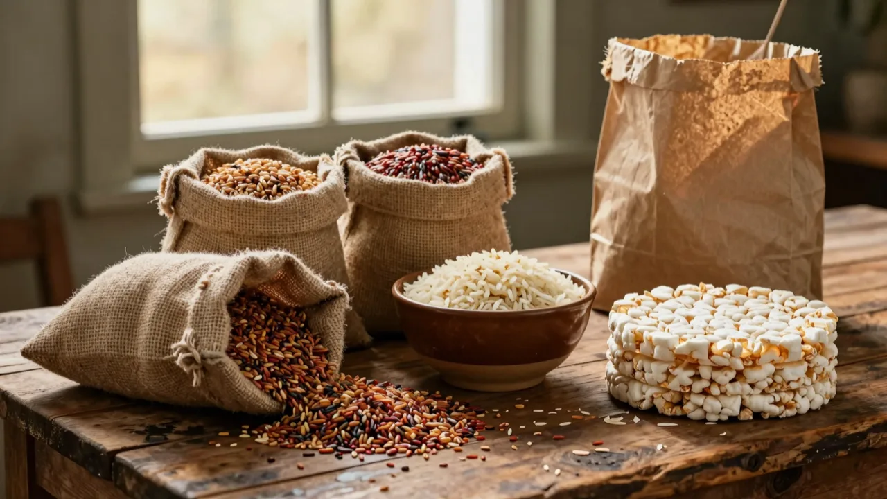 Rustic wooden table with bowls of brown and wild rice, rice cakes and a paper bag of grains