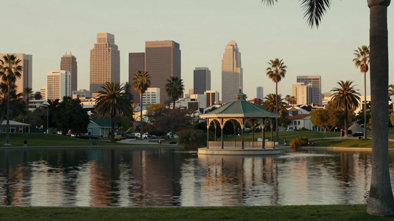 Palm trees and a calm lake at an urban park at sunset