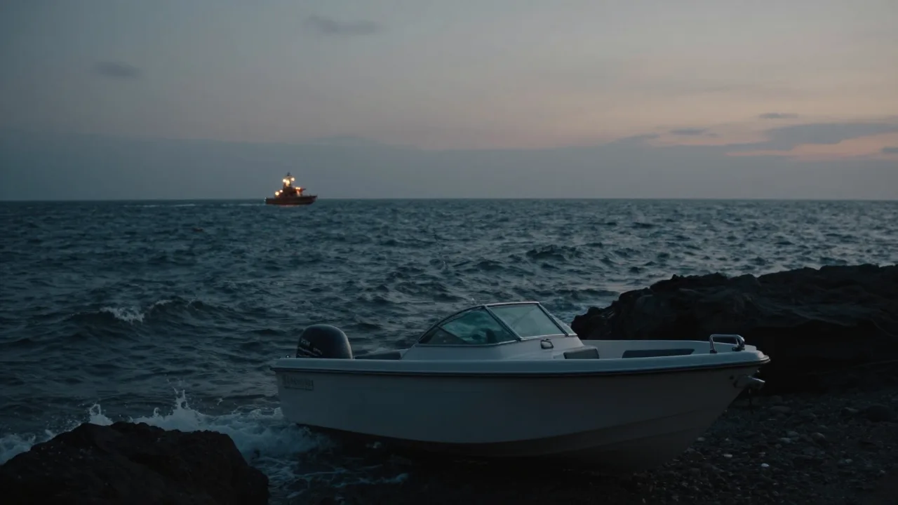 Coastline and rescue boat near rocky water at dusk
