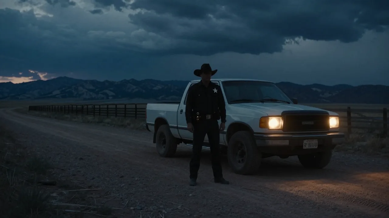 A lone western law officer beside a pickup truck at dusk