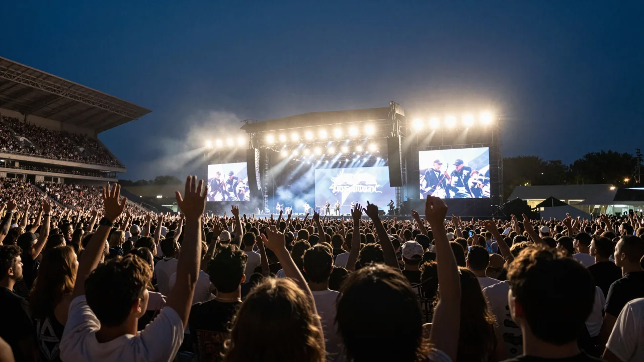 Crowd facing a dramatic stadium concert stage at night