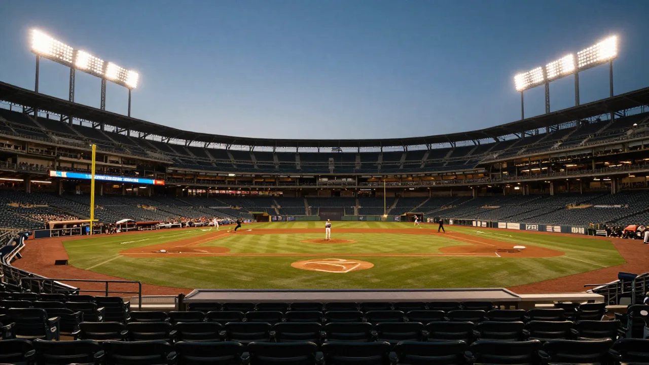 Baseball stadium at night with blue and orange crowd colors
