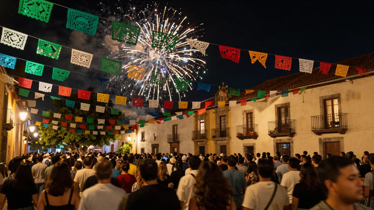 Green, white and red paper decorations and lanterns strung above a crowded plaza at night with fireworks in the distance