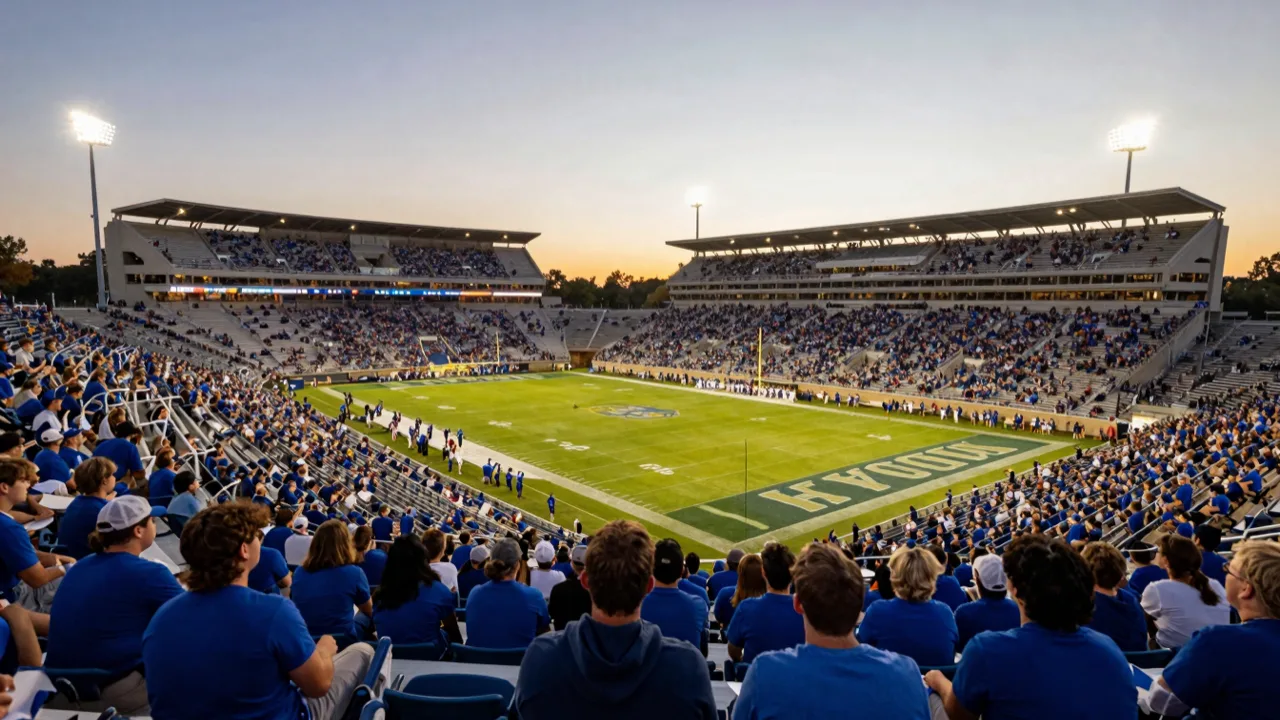 Packed college football stadium at dusk seen from the upper deck, blue and yellow crowd, no faces visible
