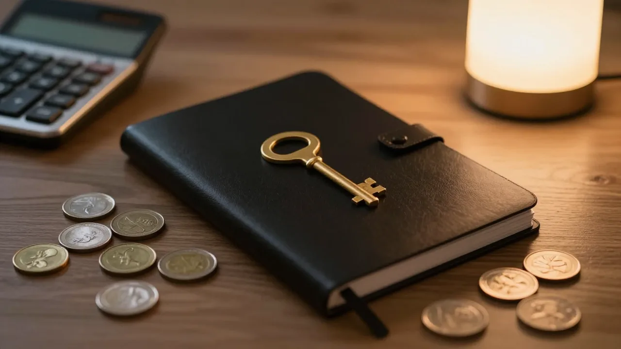 A locked notebook beside coins and a calculator