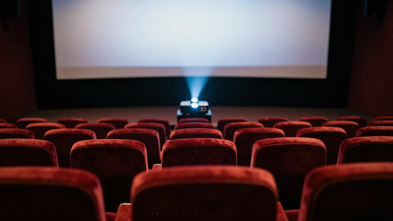 Dim cinema seats facing a glowing blank screen with dust in the projector beam