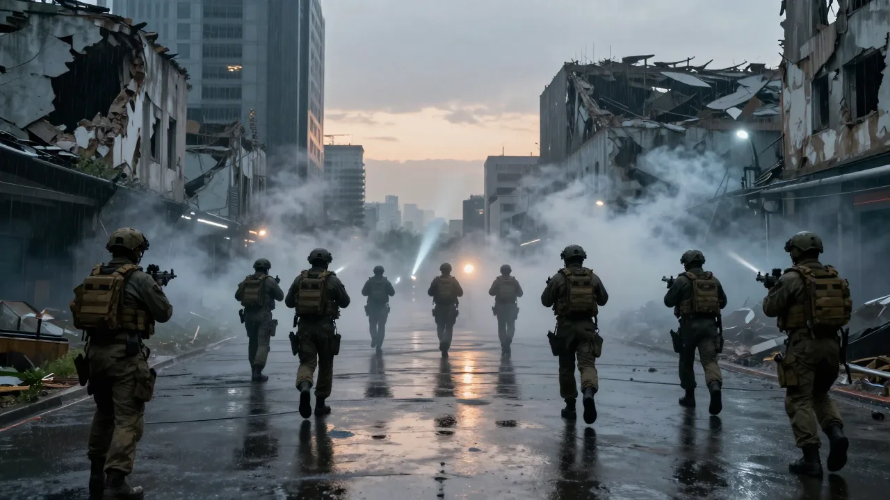 Soldier moving through a dark ruined city street
